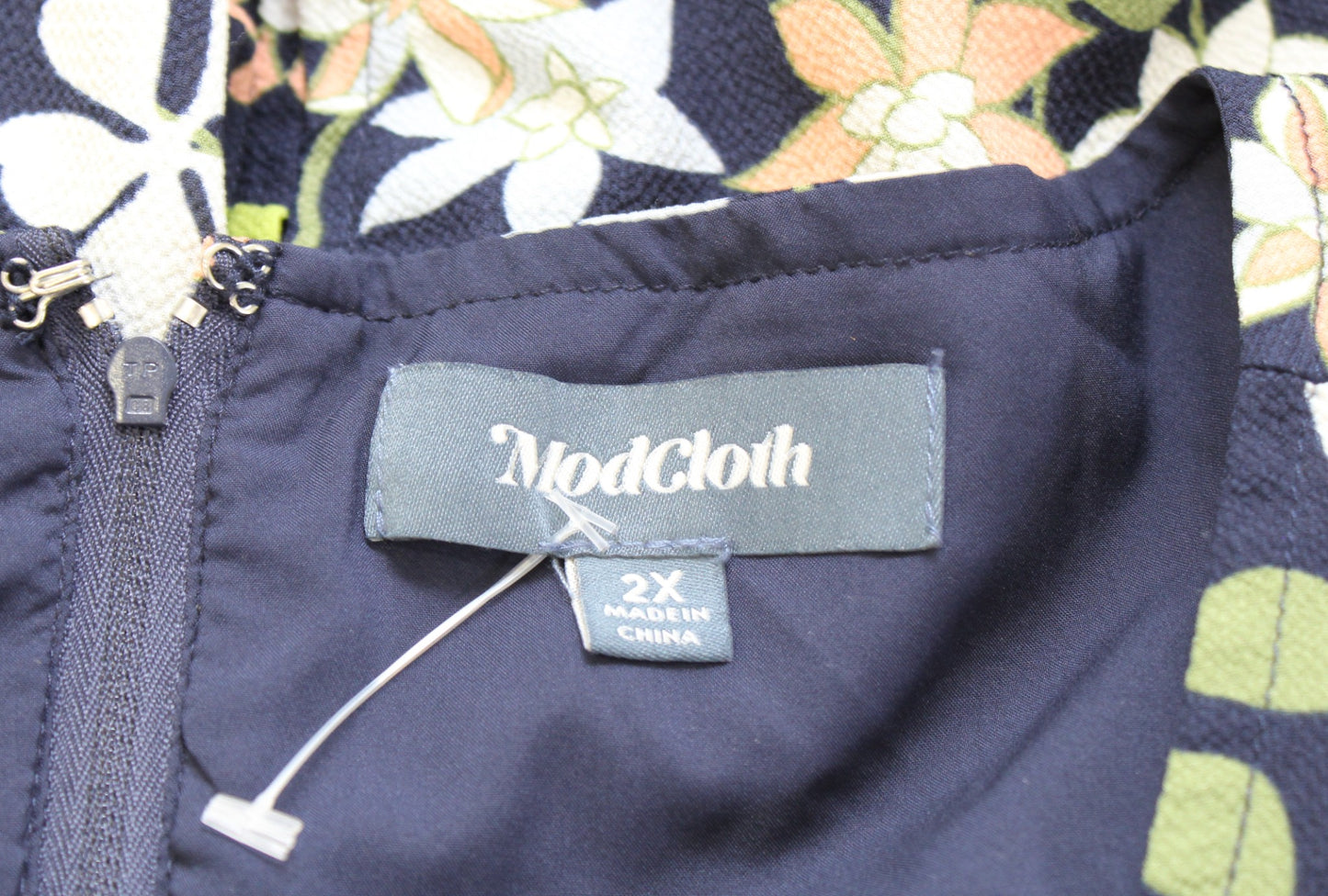 Modcloth Navy Blue Green Floral A Line Tie Waist Dress Size 2X Short Sleeve