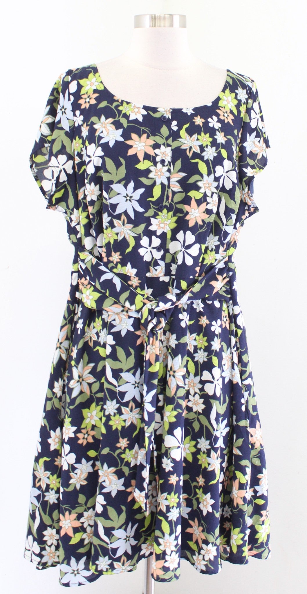 Modcloth Navy Blue Green Floral A Line Tie Waist Dress Size 2X Short Sleeve