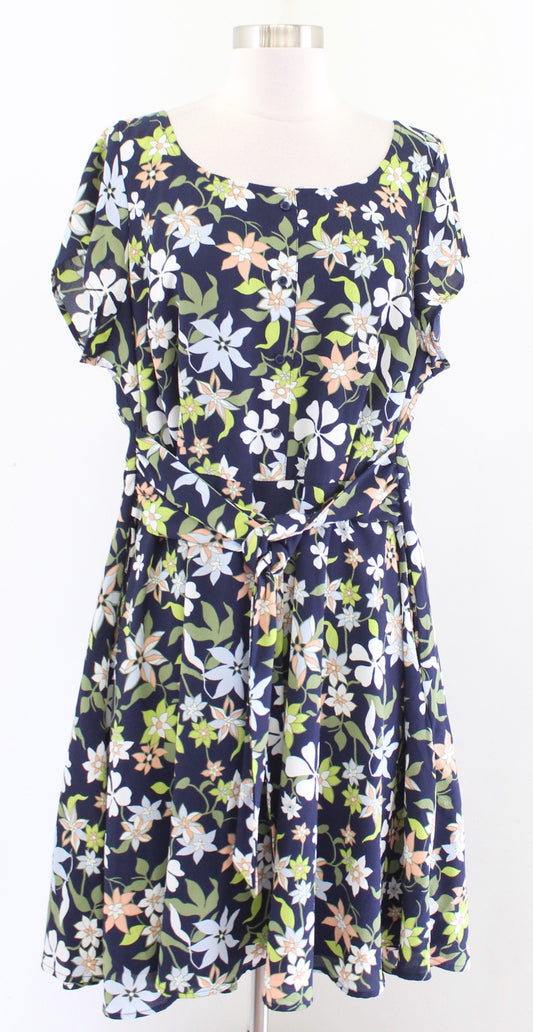 Modcloth Navy Blue Green Floral A Line Tie Waist Dress Size 2X Short Sleeve