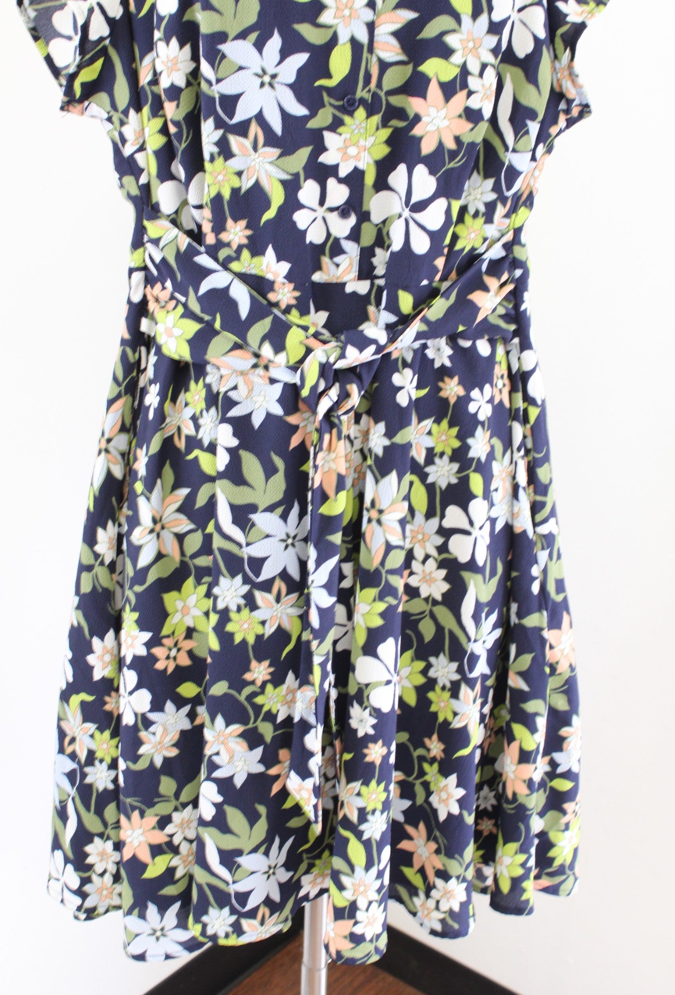 Modcloth Navy Blue Green Floral A Line Tie Waist Dress Size 2X Short Sleeve