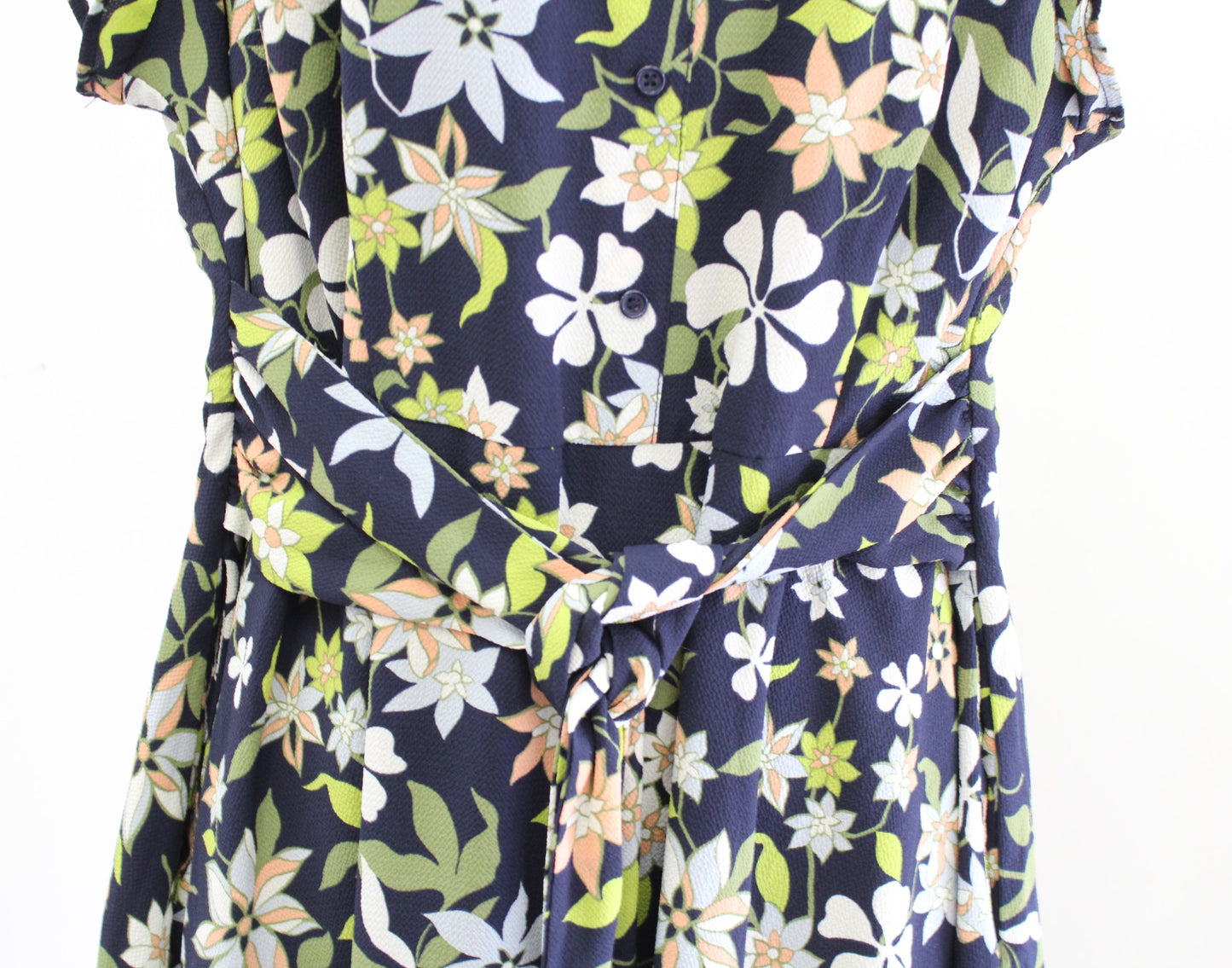 Modcloth Navy Blue Green Floral A Line Tie Waist Dress Size 2X Short Sleeve
