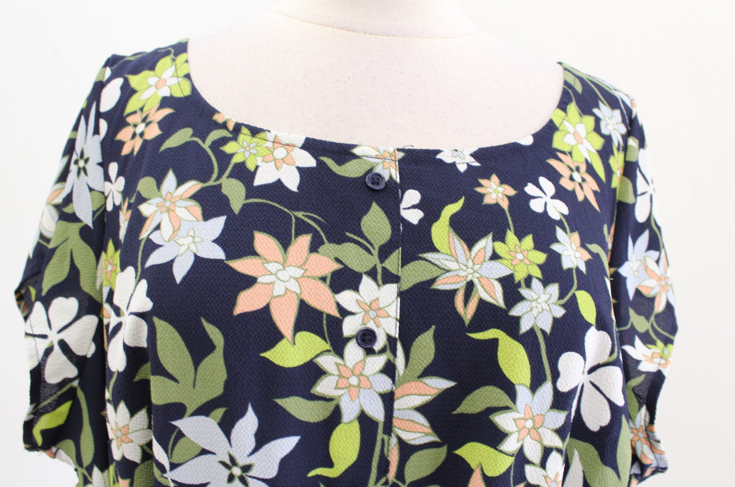 Modcloth Navy Blue Green Floral A Line Tie Waist Dress Size 2X Short Sleeve