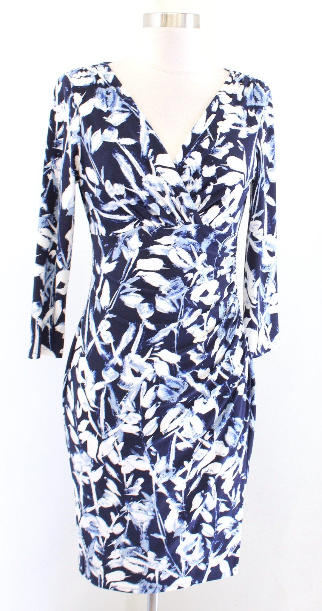 Lauren Ralph Lauren Navy Blue Abstract Floral Ruched Wiggle Sheath Dress Size 4
