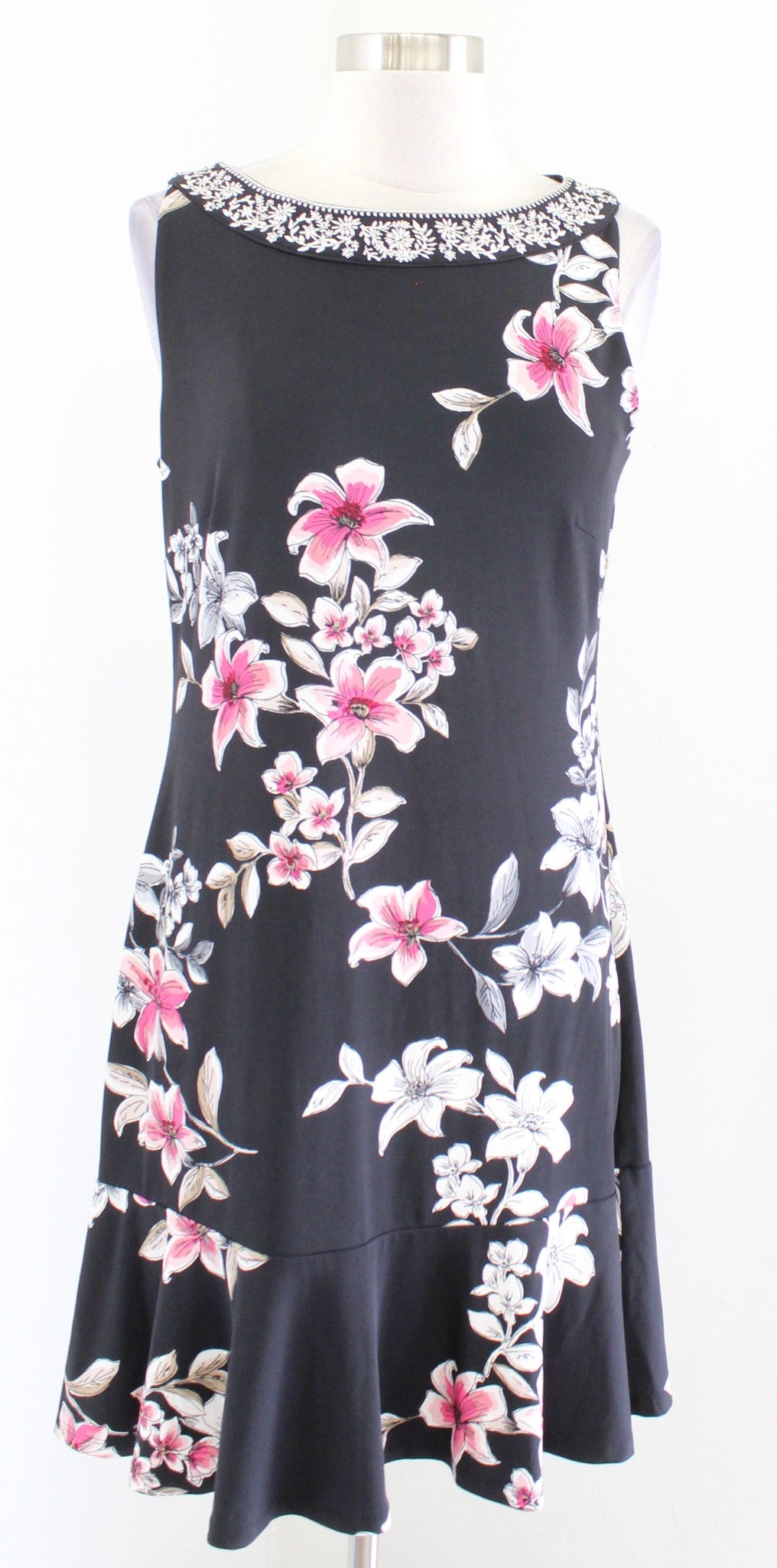 White House Black Market Floral Embroidered Neck Flounce Hem Shift Dress Size S