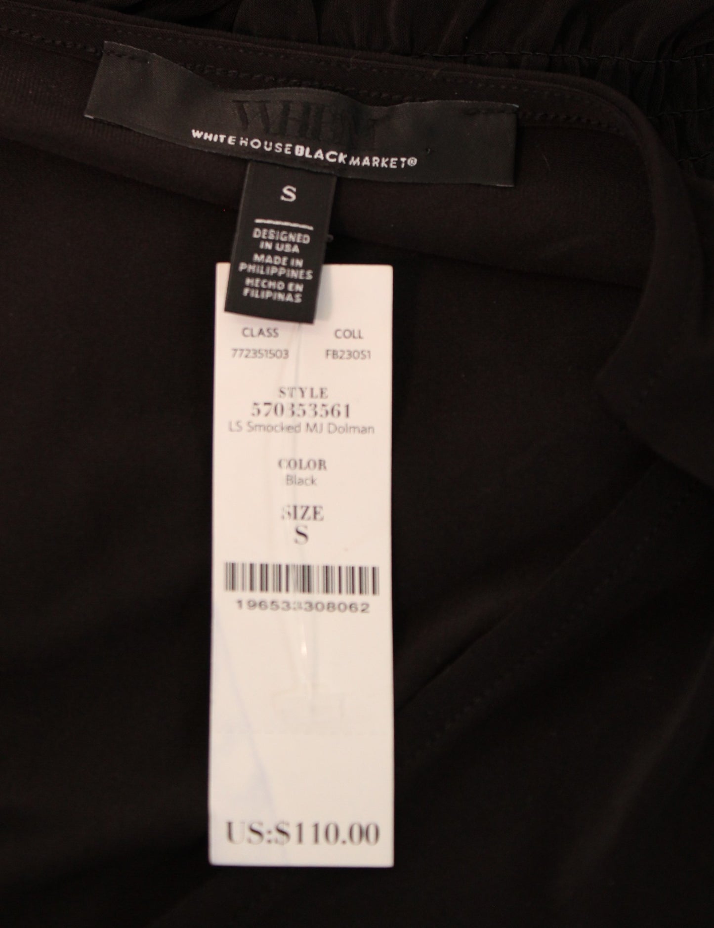 NWT White House Black Market Solid Black Smocked Waist V Neck Dolman Dress Sz S