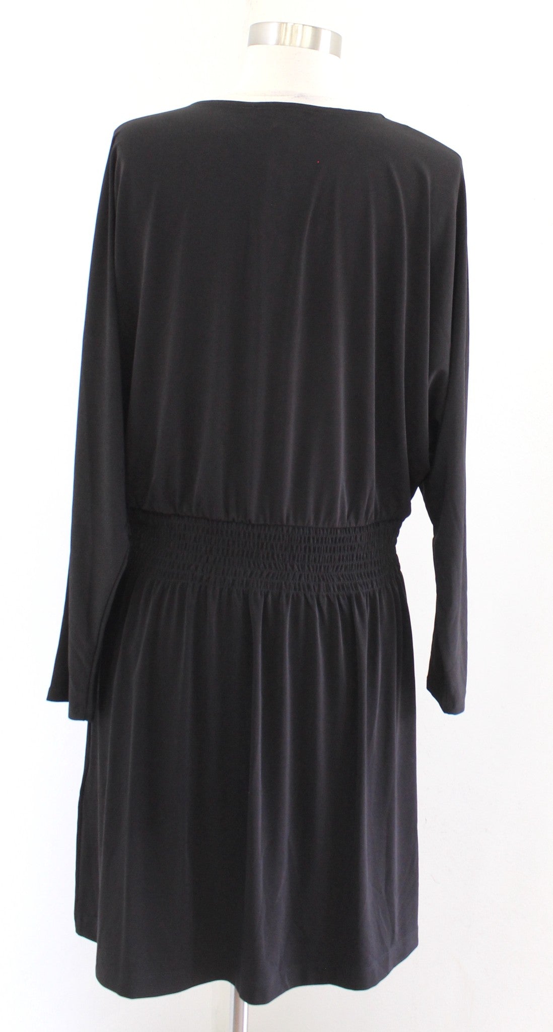 NWT White House Black Market Solid Black Smocked Waist V Neck Dolman Dress Sz S