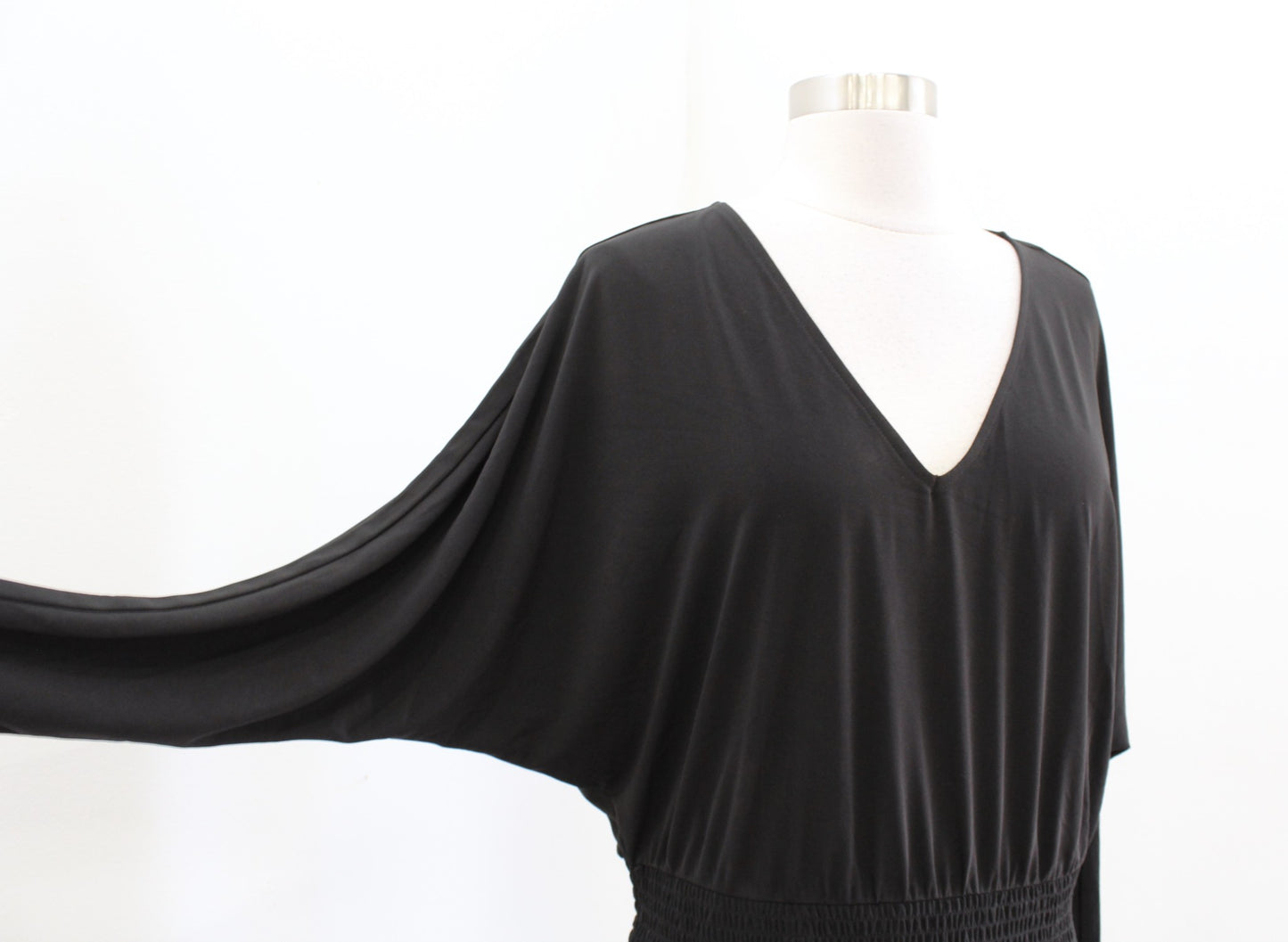 NWT White House Black Market Solid Black Smocked Waist V Neck Dolman Dress Sz S