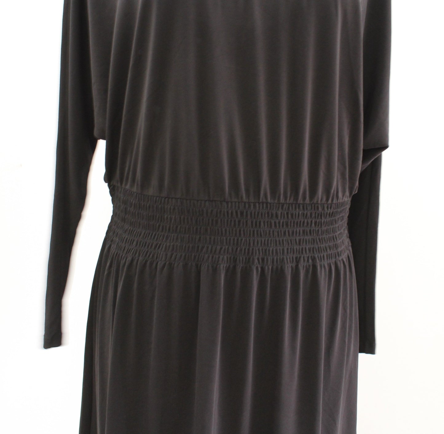 NWT White House Black Market Solid Black Smocked Waist V Neck Dolman Dress Sz S