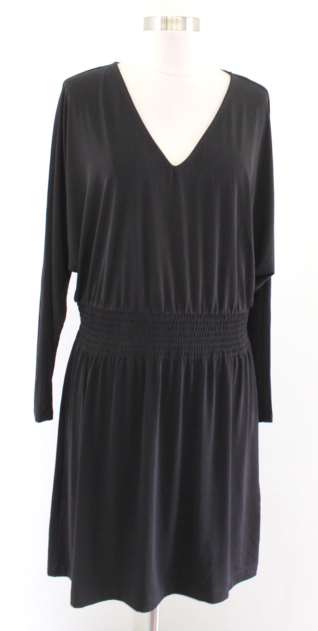 NWT White House Black Market Solid Black Smocked Waist V Neck Dolman Dress Sz S