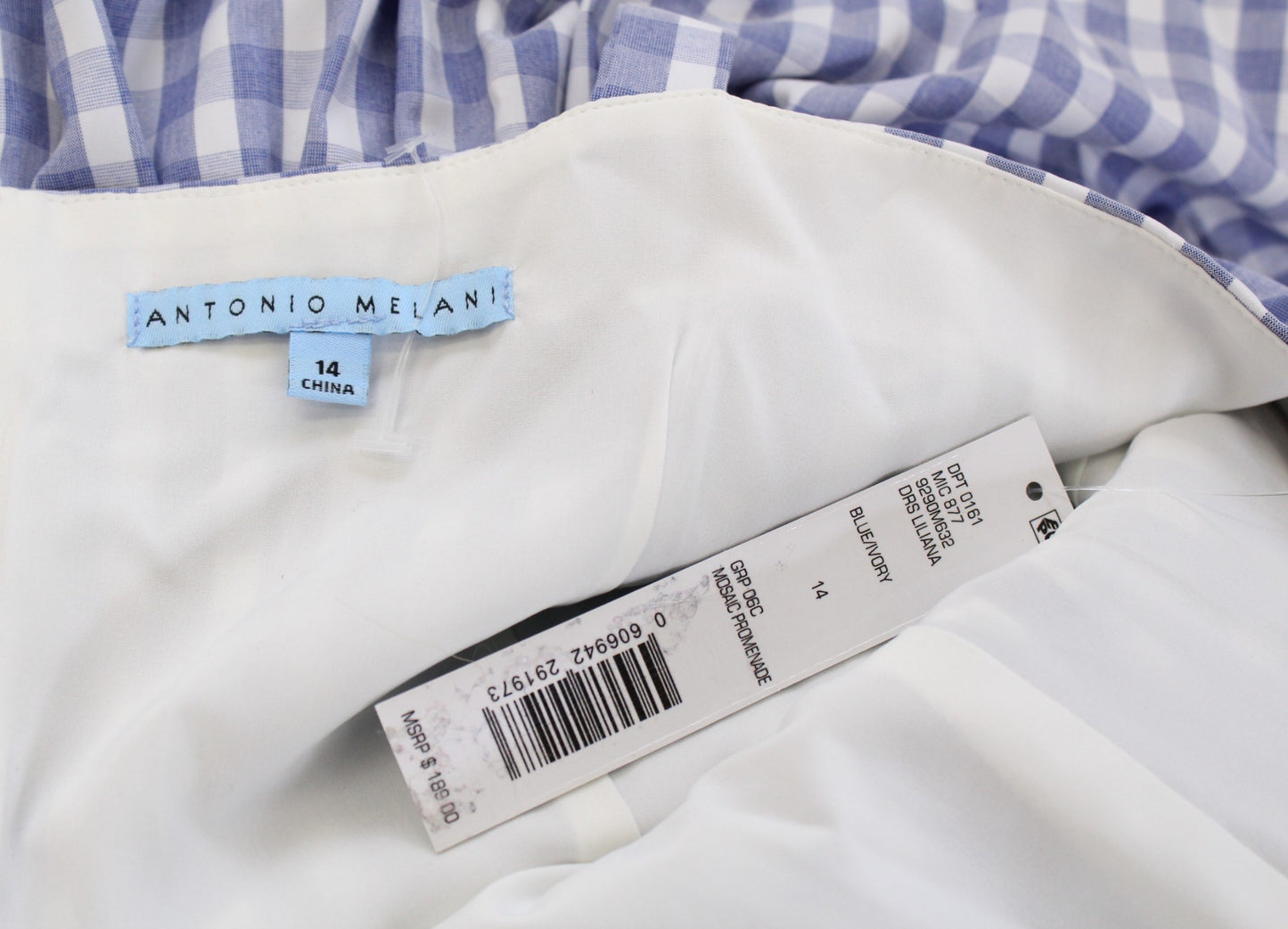 NWT Antonio Melani Blue White Gingham Plaid Bow Midi A Line Dress Size 14