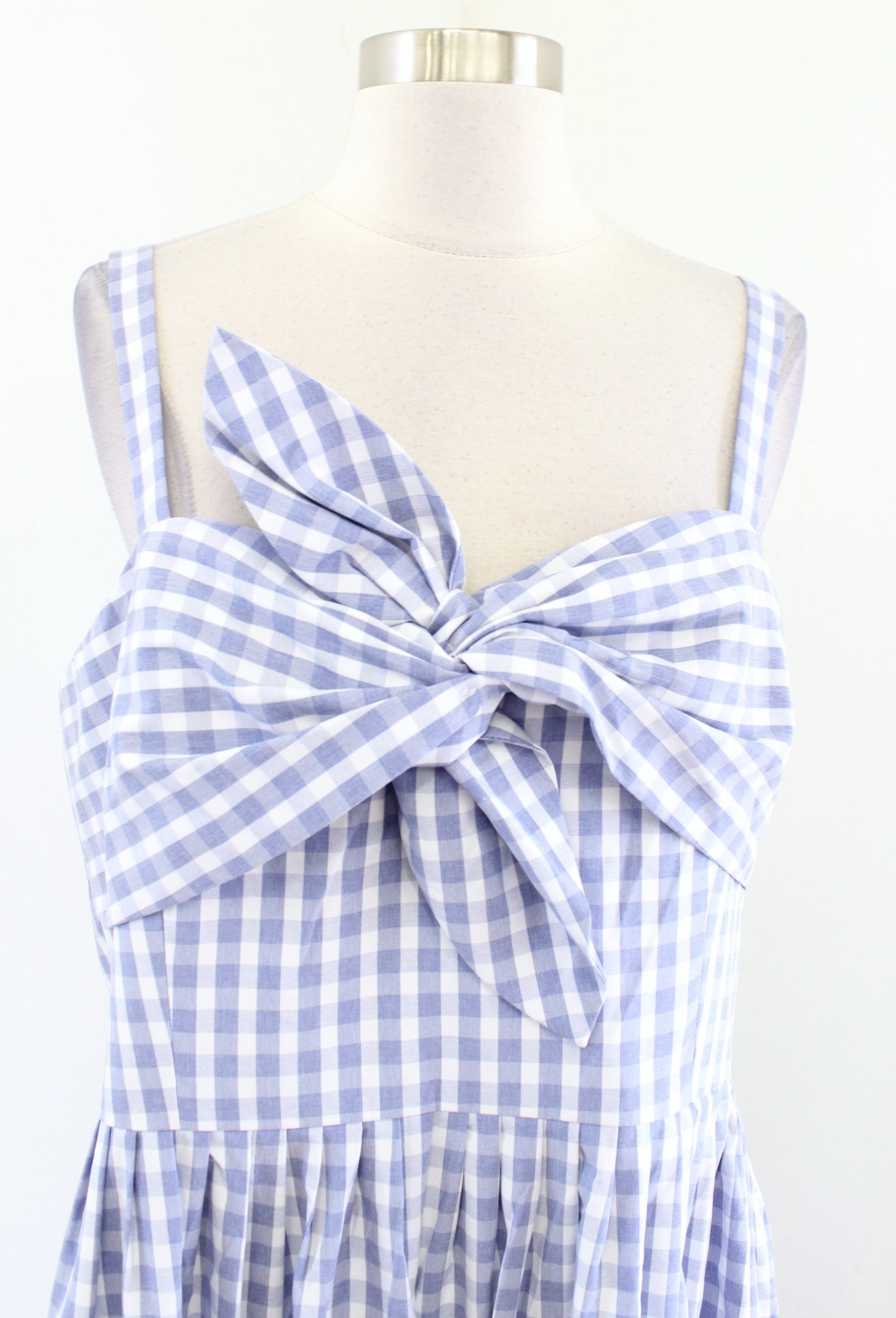 NWT Antonio Melani Blue White Gingham Plaid Bow Midi A Line Dress Size 14