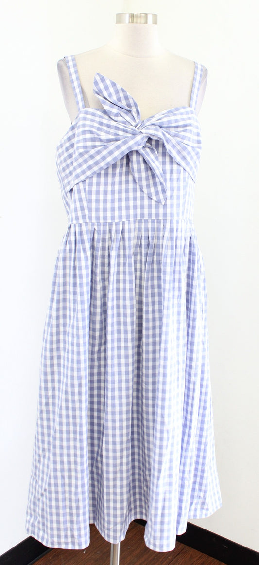 NWT Antonio Melani Blue White Gingham Plaid Bow Midi A Line Dress Size 14