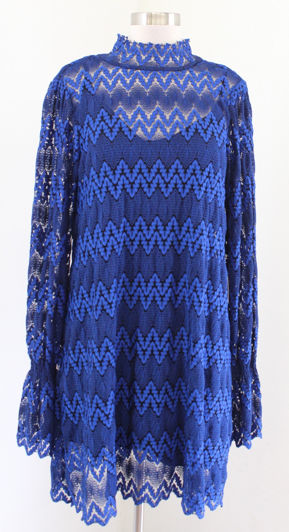 NWT Free People Simone Blue Crochet Lace Mock Neck Shift Swing Dress Size M