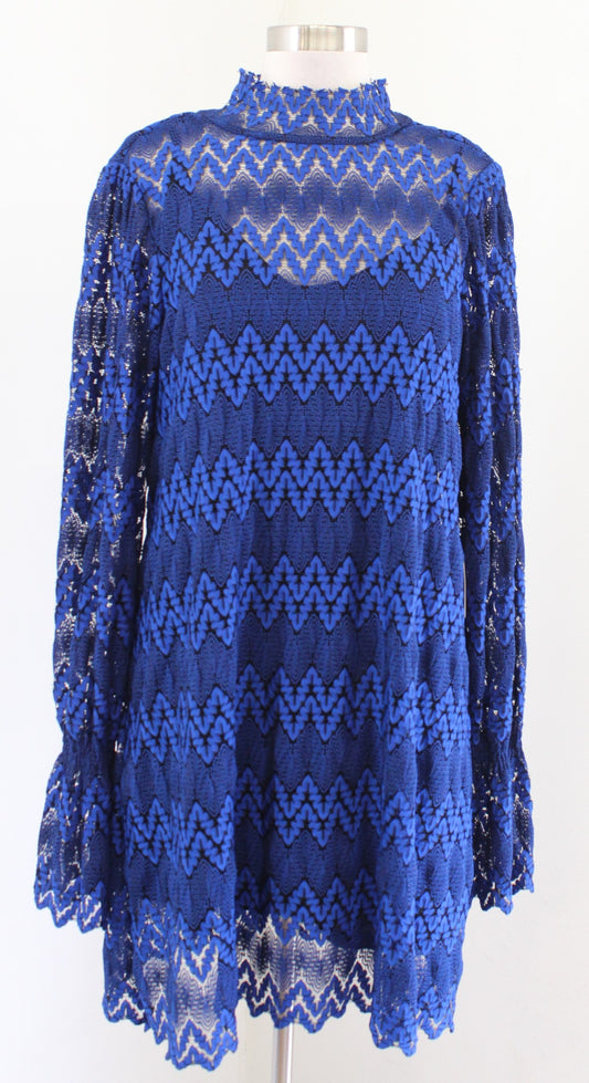 NWT Free People Simone Blue Crochet Lace Mock Neck Shift Swing Dress Size M
