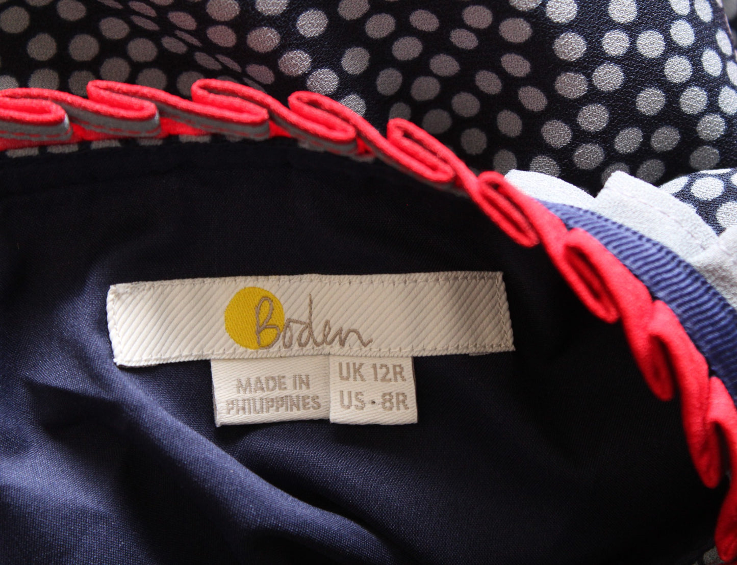 Boden Lara Spotted Striped Pleated Flounce Hem Dress Size US 8r 8 Navy Blue