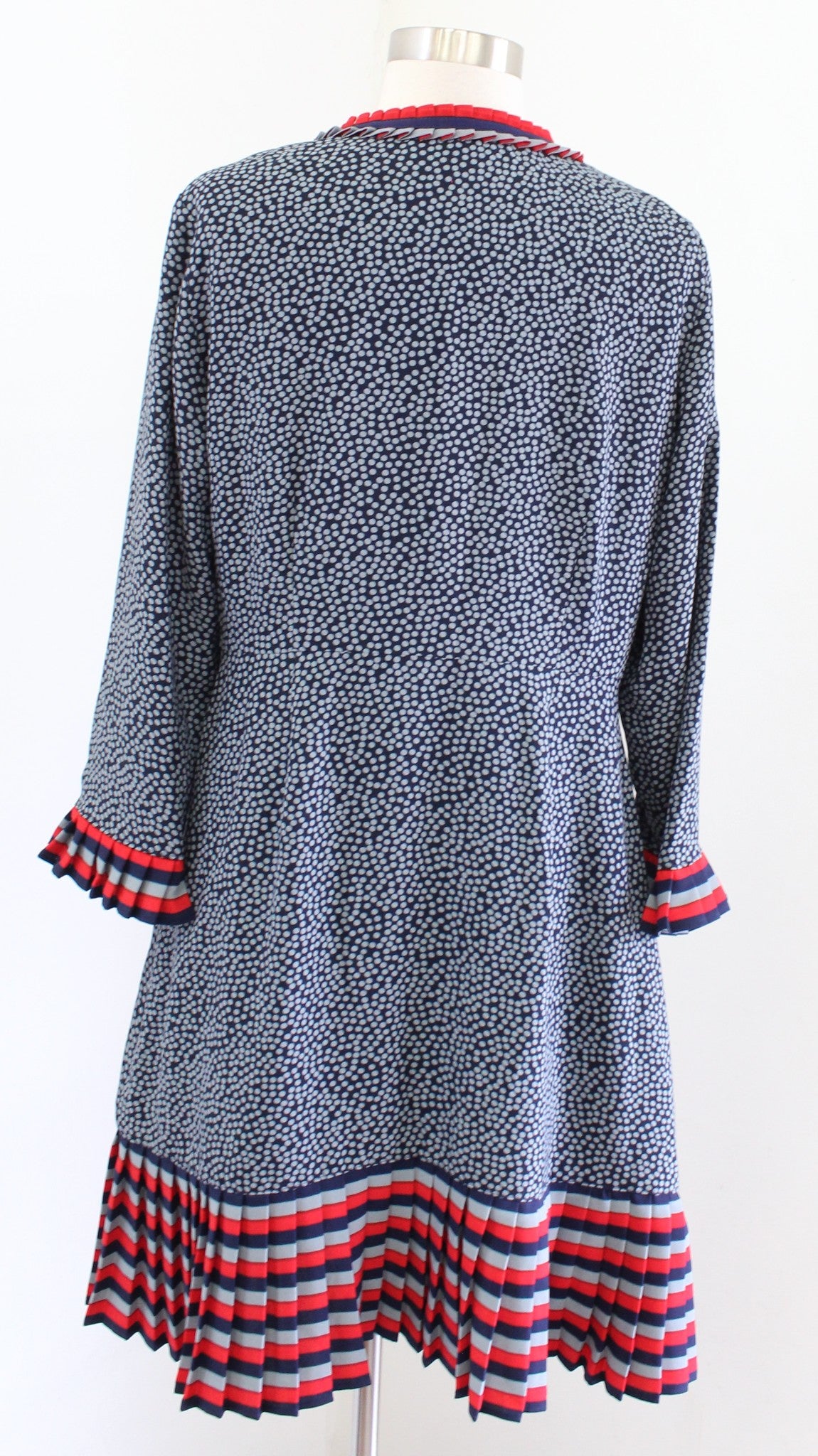 Boden Lara Spotted Striped Pleated Flounce Hem Dress Size US 8r 8 Navy Blue