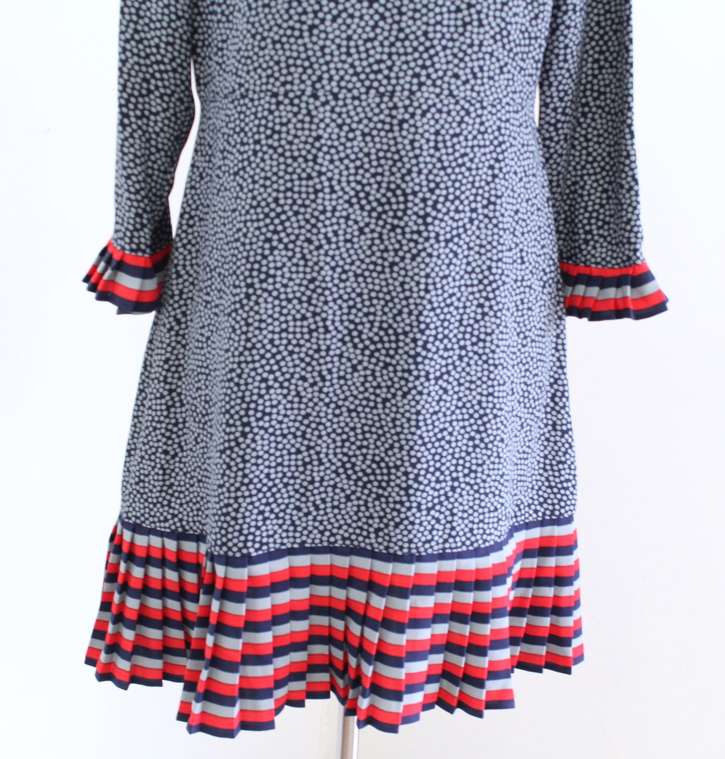 Boden Lara Spotted Striped Pleated Flounce Hem Dress Size US 8r 8 Navy Blue