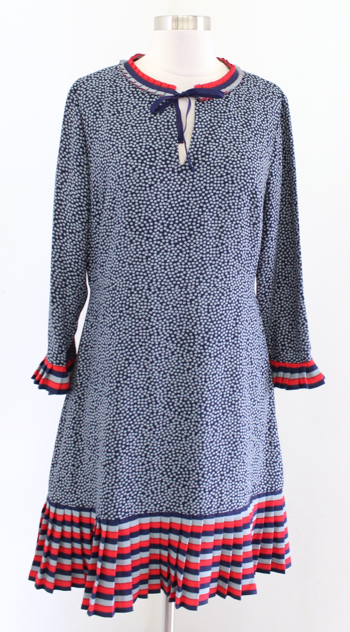 Boden Lara Spotted Striped Pleated Flounce Hem Dress Size US 8r 8 Navy Blue