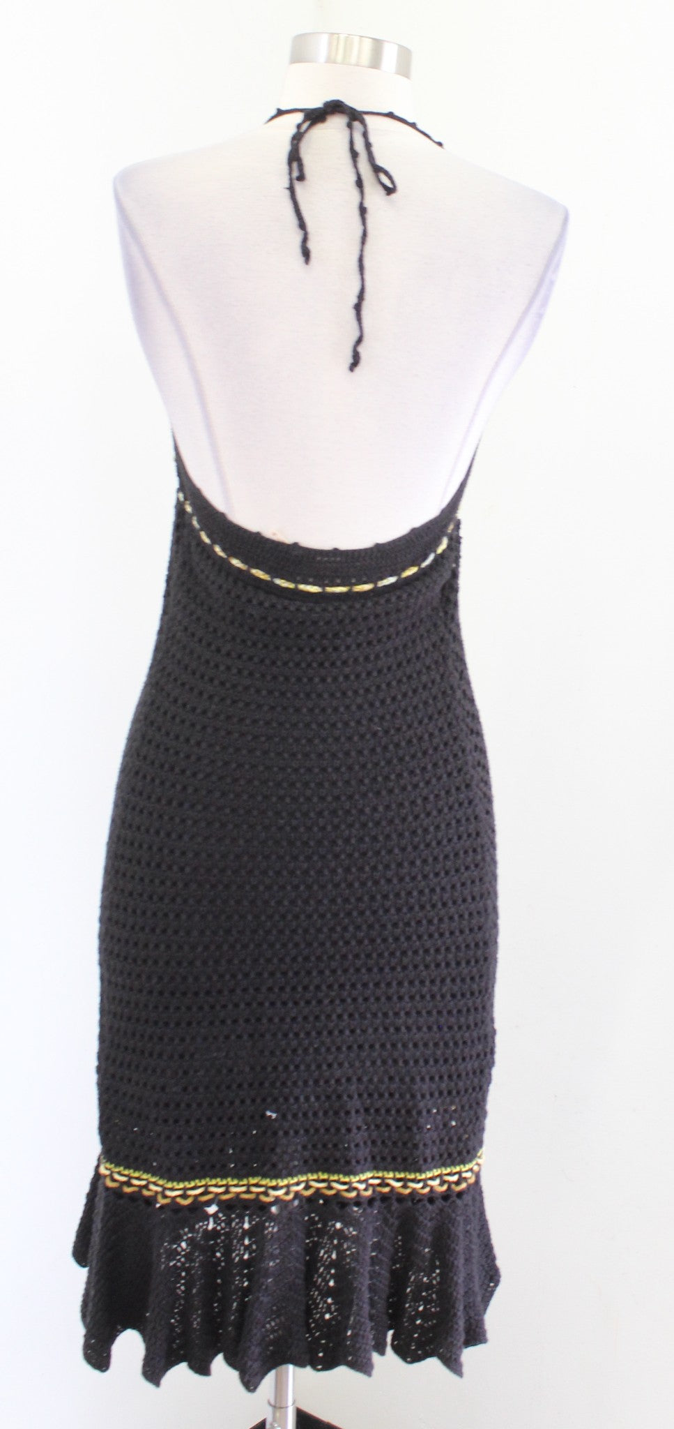 Free People Black Crochet Knit Halter Dress Size S New Wave Yellow Green Beach