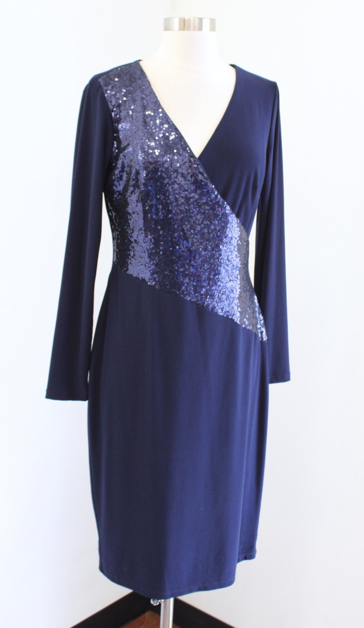 NWT Lauren Ralph Lauren Navy Blue Sequin Jersey Ruched Cocktail Dress Size 6