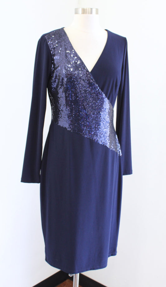 NWT Lauren Ralph Lauren Navy Blue Sequin Jersey Ruched Cocktail Dress Size 6