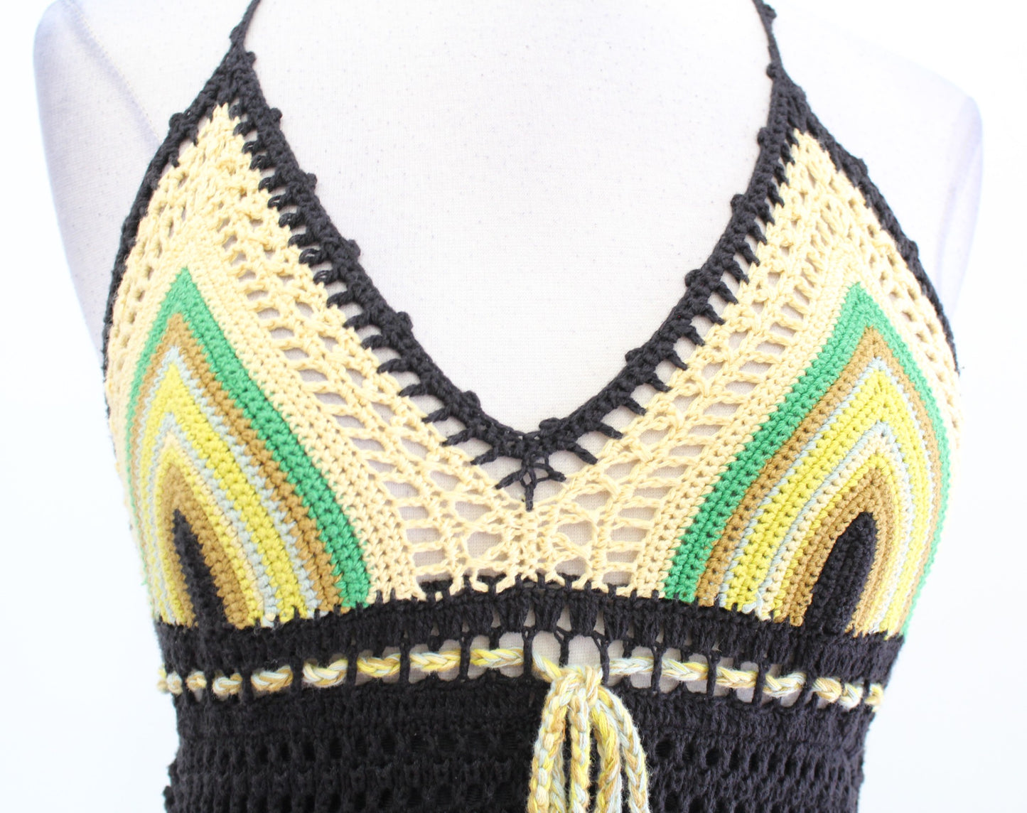 Free People Black Crochet Knit Halter Dress Size S New Wave Yellow Green Beach