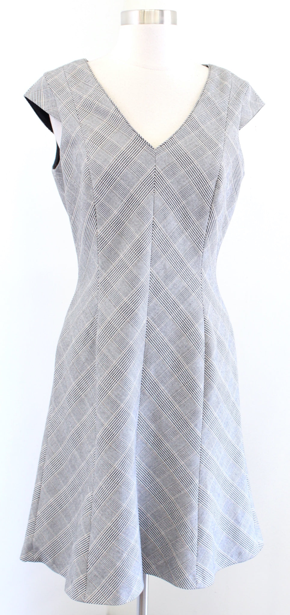 White House Black Market Gray Houndstooth Plaid Flared A Line Dress Career sz 6