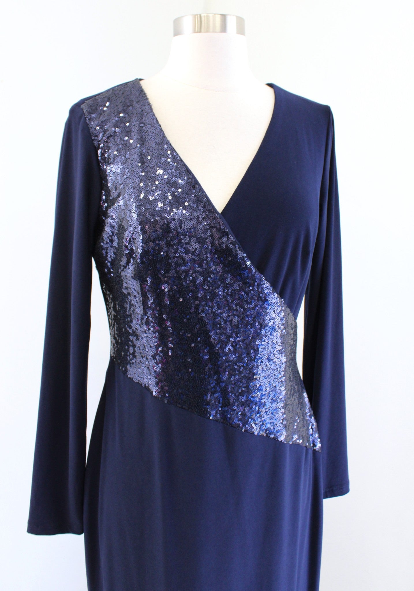 NWT Lauren Ralph Lauren Navy Blue Sequin Jersey Ruched Cocktail Dress Size 6