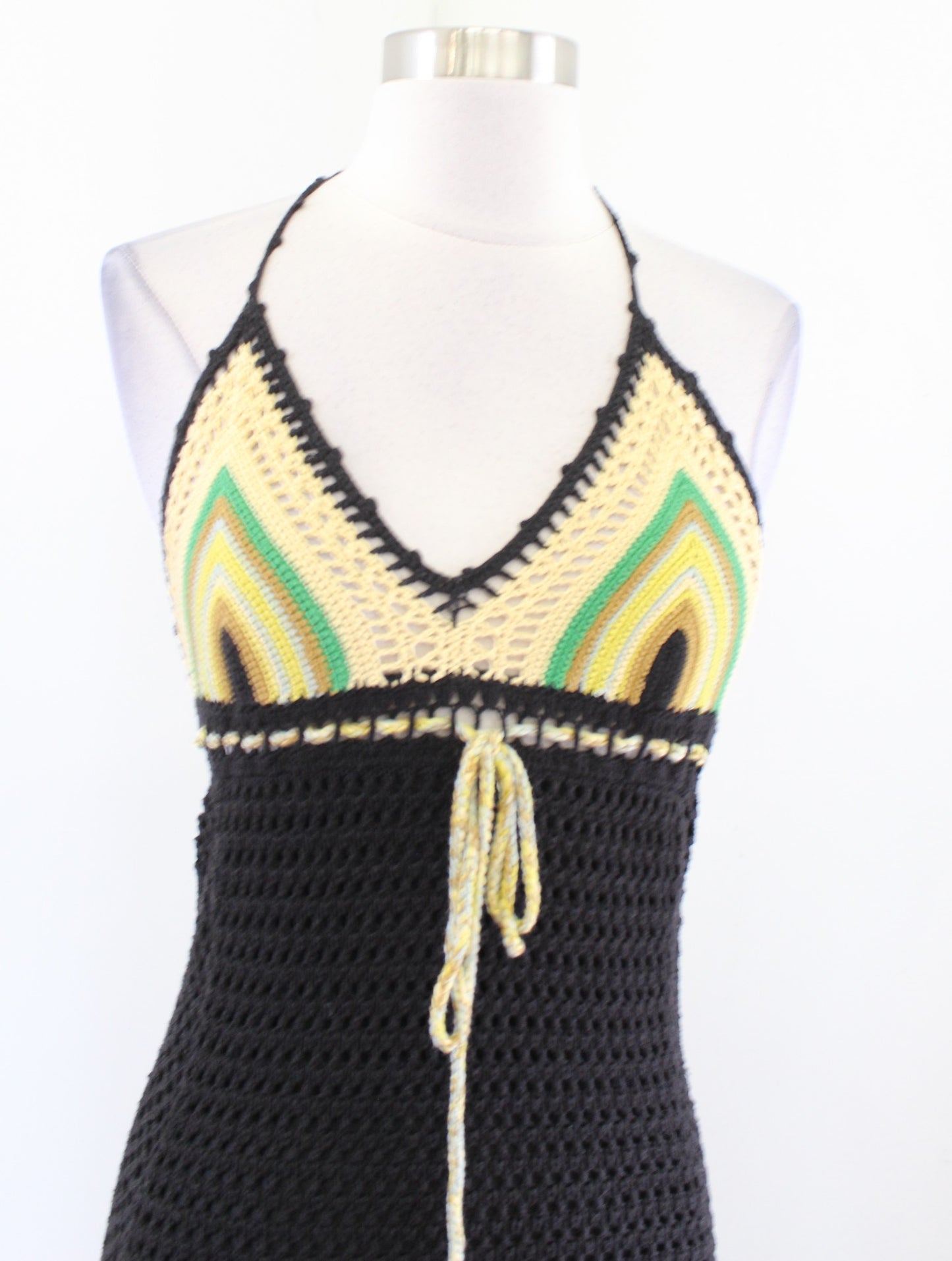 Free People Black Crochet Knit Halter Dress Size S New Wave Yellow Green Beach