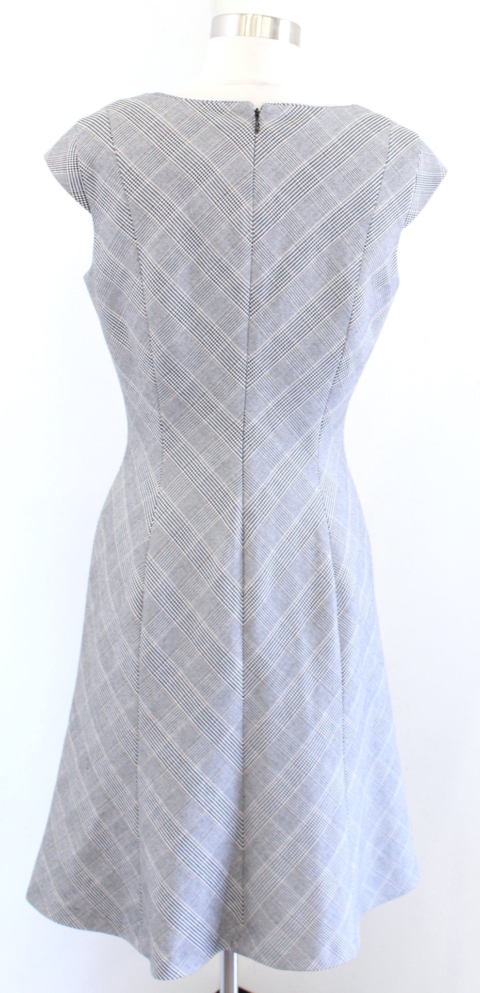 White House Black Market Gray Houndstooth Plaid Flared A Line Dress Career sz 6