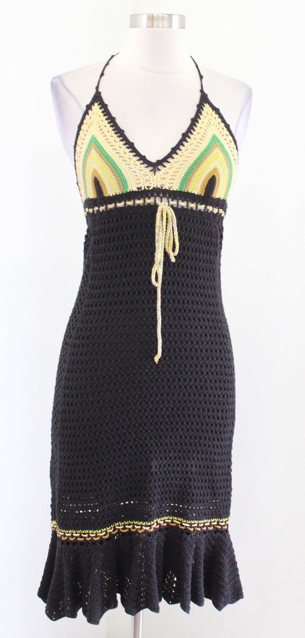 Free People Black Crochet Knit Halter Dress Size S New Wave Yellow Green Beach