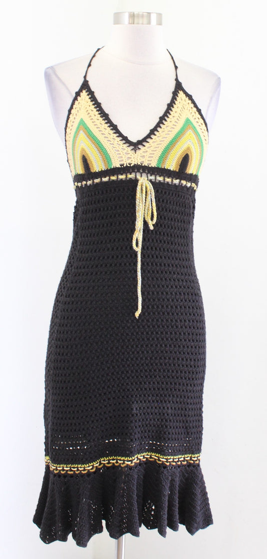 Free People Black Crochet Knit Halter Dress Size S New Wave Yellow Green Beach