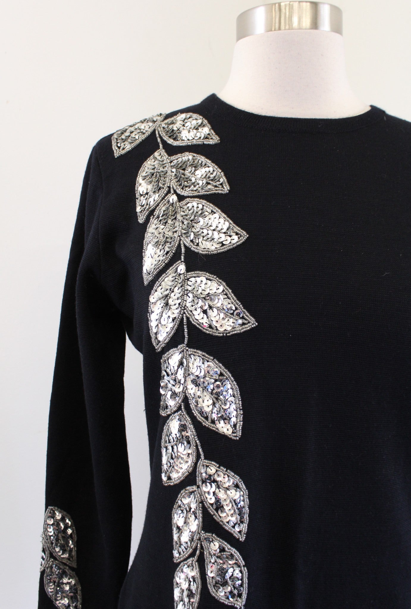 Vtg 90s Outlander Black Silver Sequin Embellished Sweater Dress Wool Size PS SP