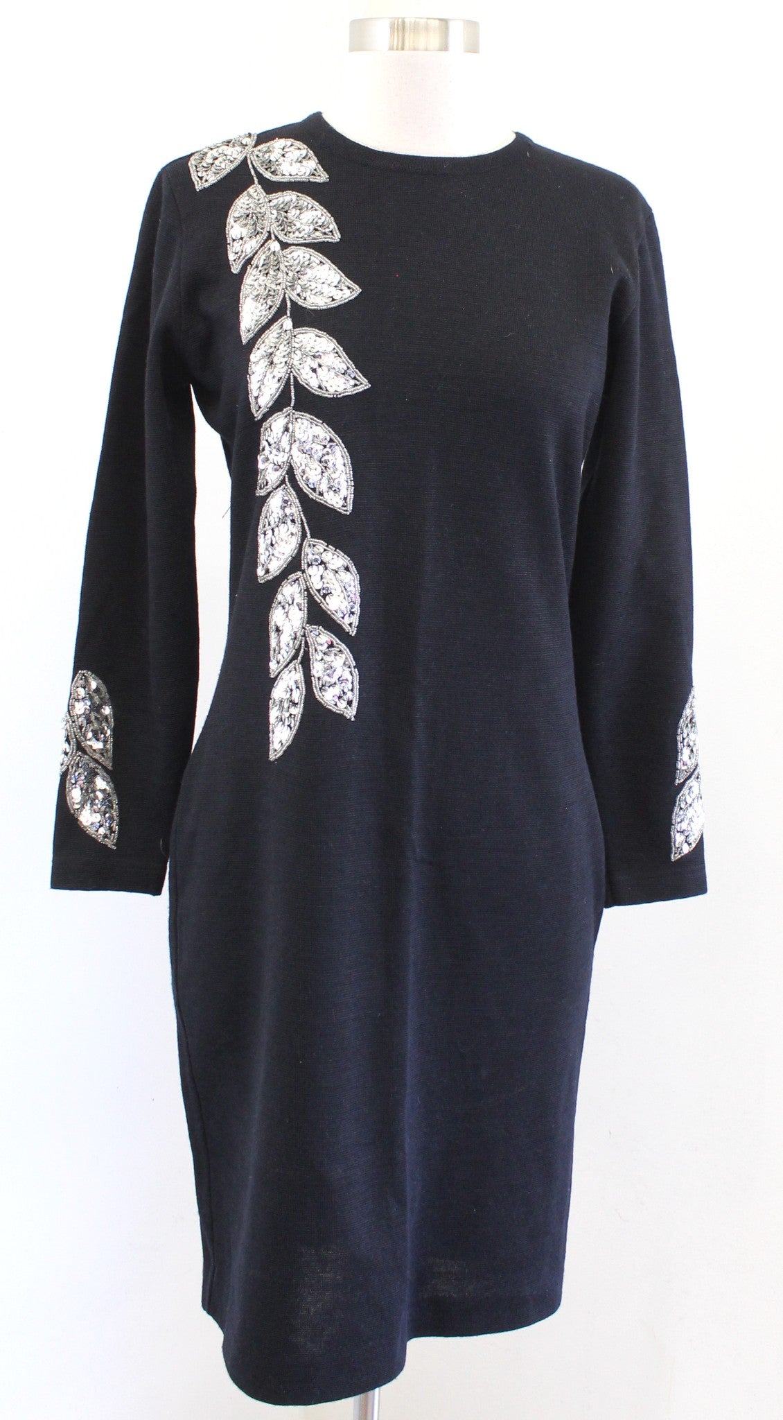 Vtg 90s Outlander Black Silver Sequin Embellished Sweater Dress Wool Size PS SP