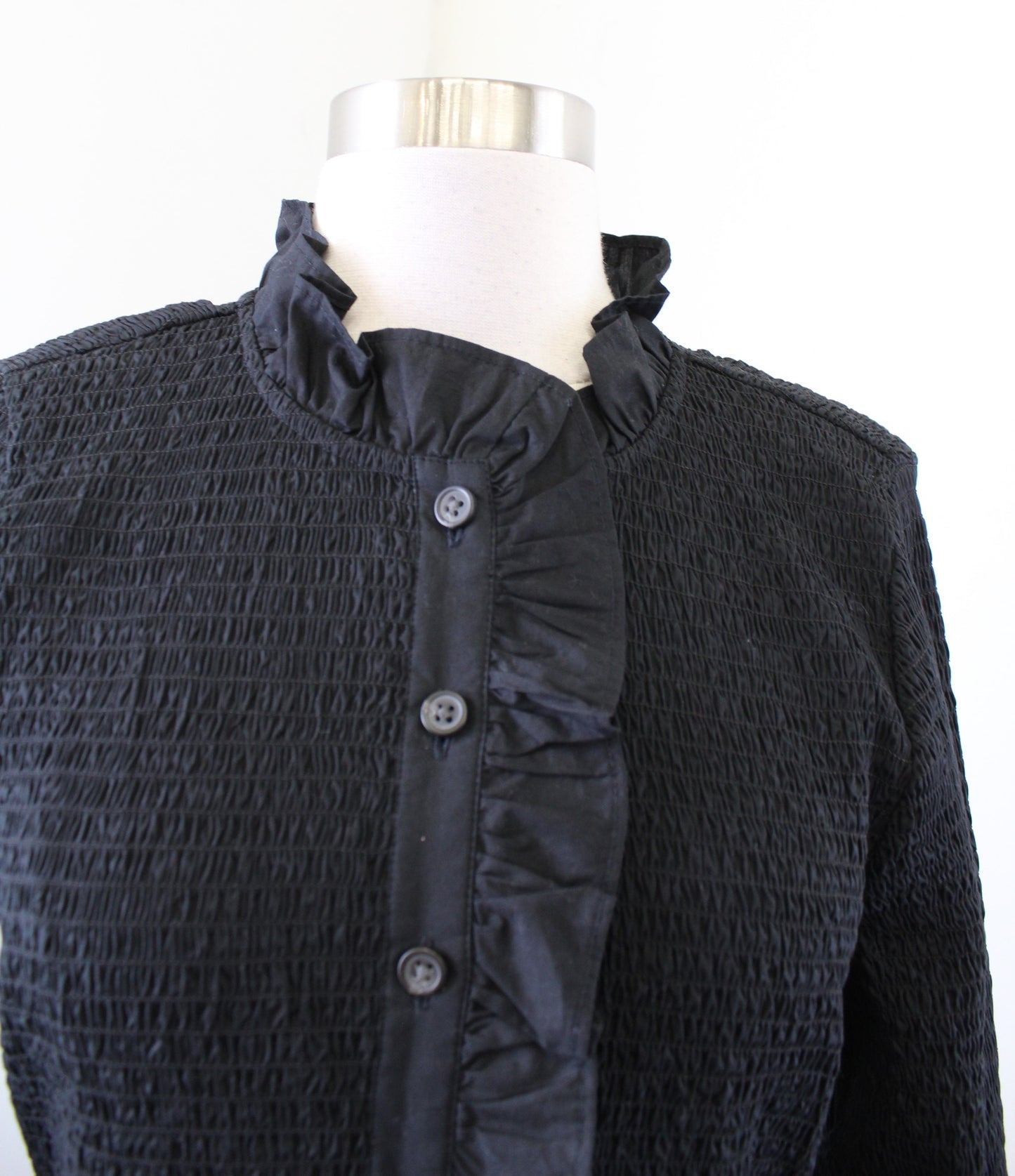 J Crew Black Smocked Button Up Front Ruffle Bell Sleeve Mini Dress Size S