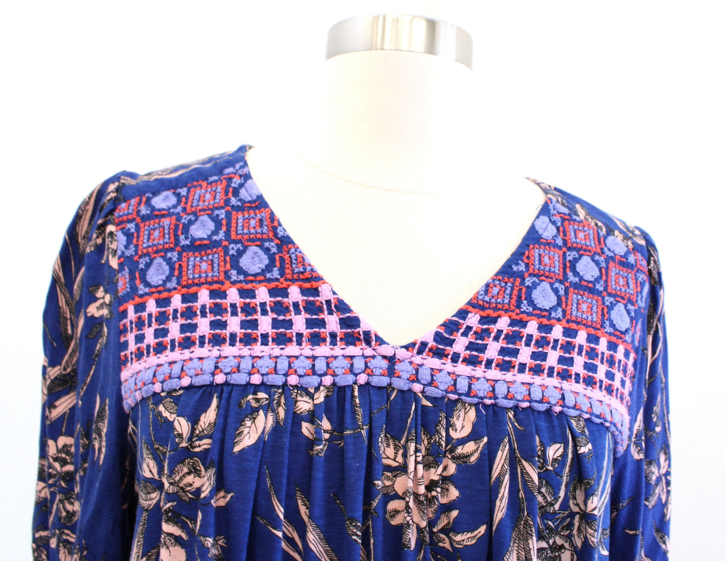 by Anthropologie Blue Floral Print Embroidered Yoke Knit Top Blouse Size S