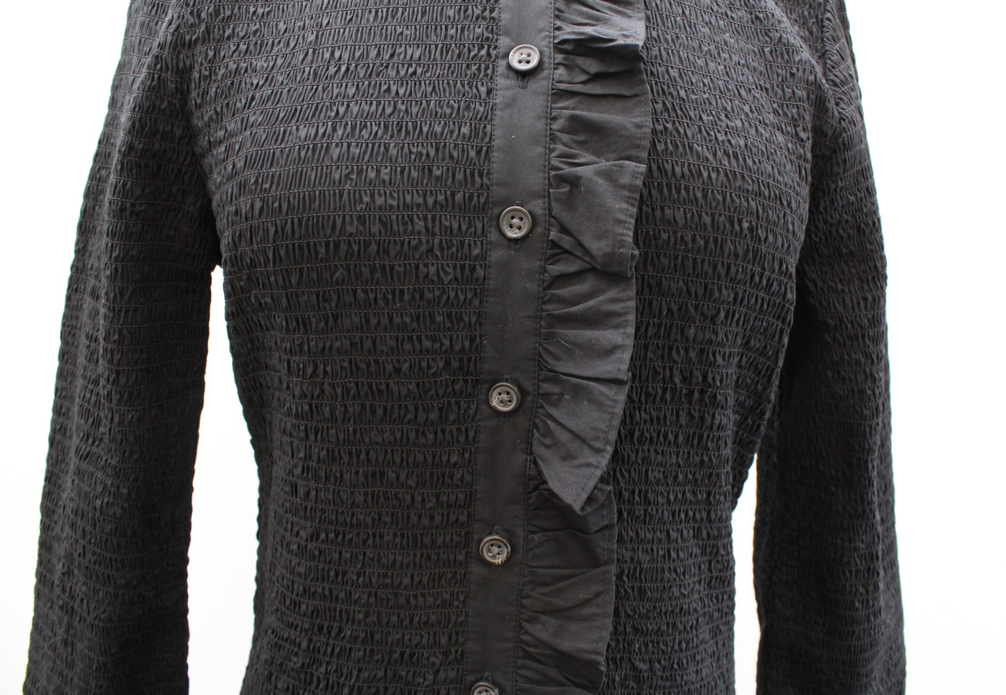 J Crew Black Smocked Button Up Front Ruffle Bell Sleeve Mini Dress Size S