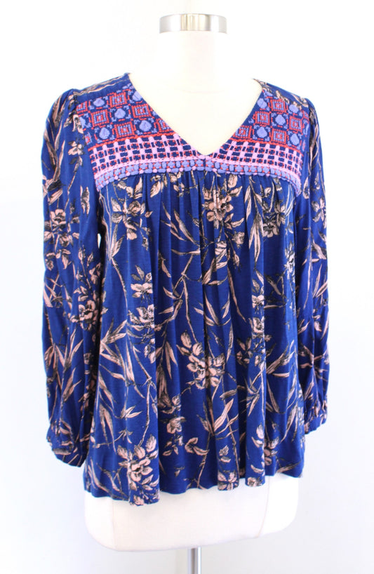 by Anthropologie Blue Floral Print Embroidered Yoke Knit Top Blouse Size S