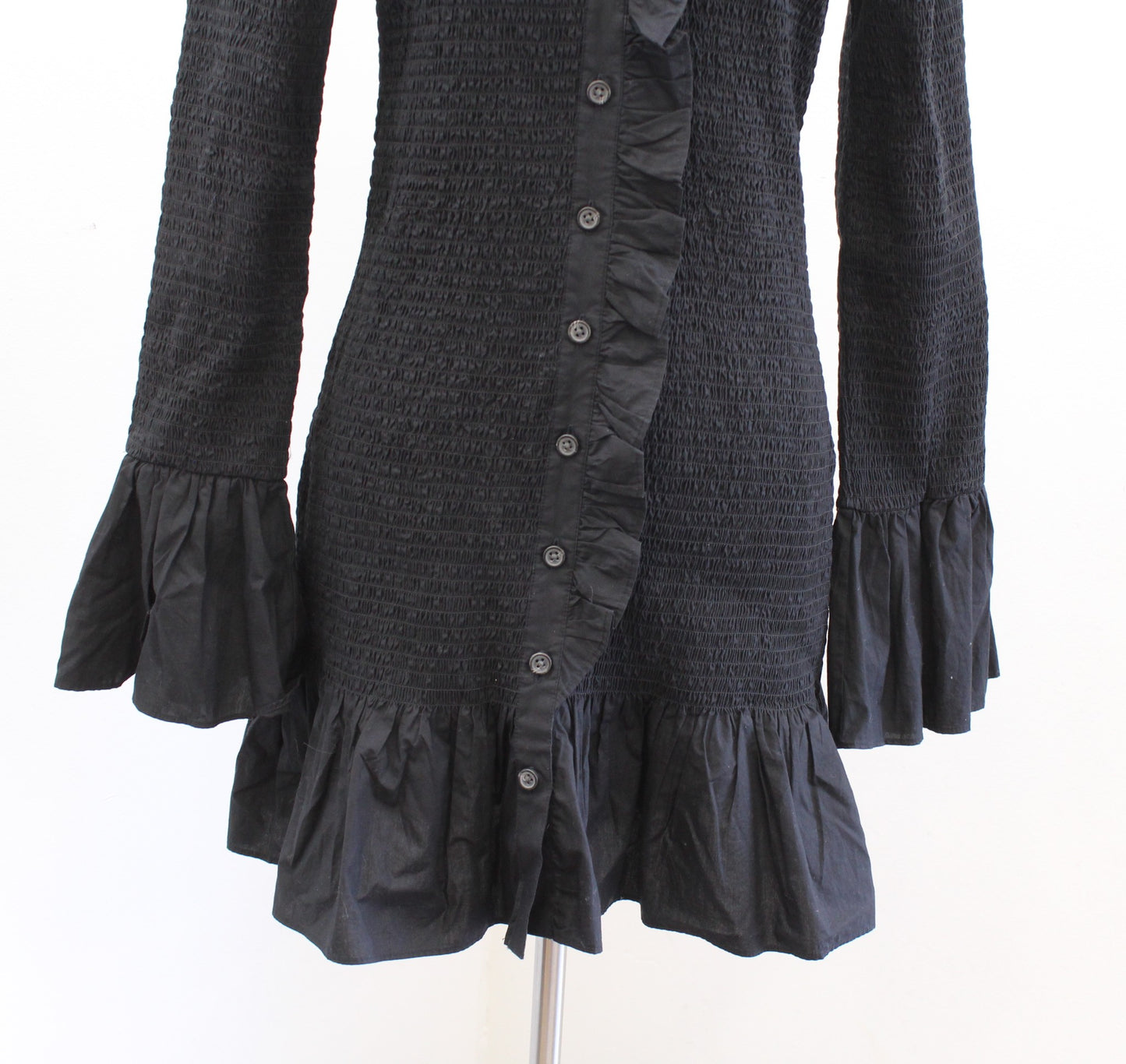 J Crew Black Smocked Button Up Front Ruffle Bell Sleeve Mini Dress Size S