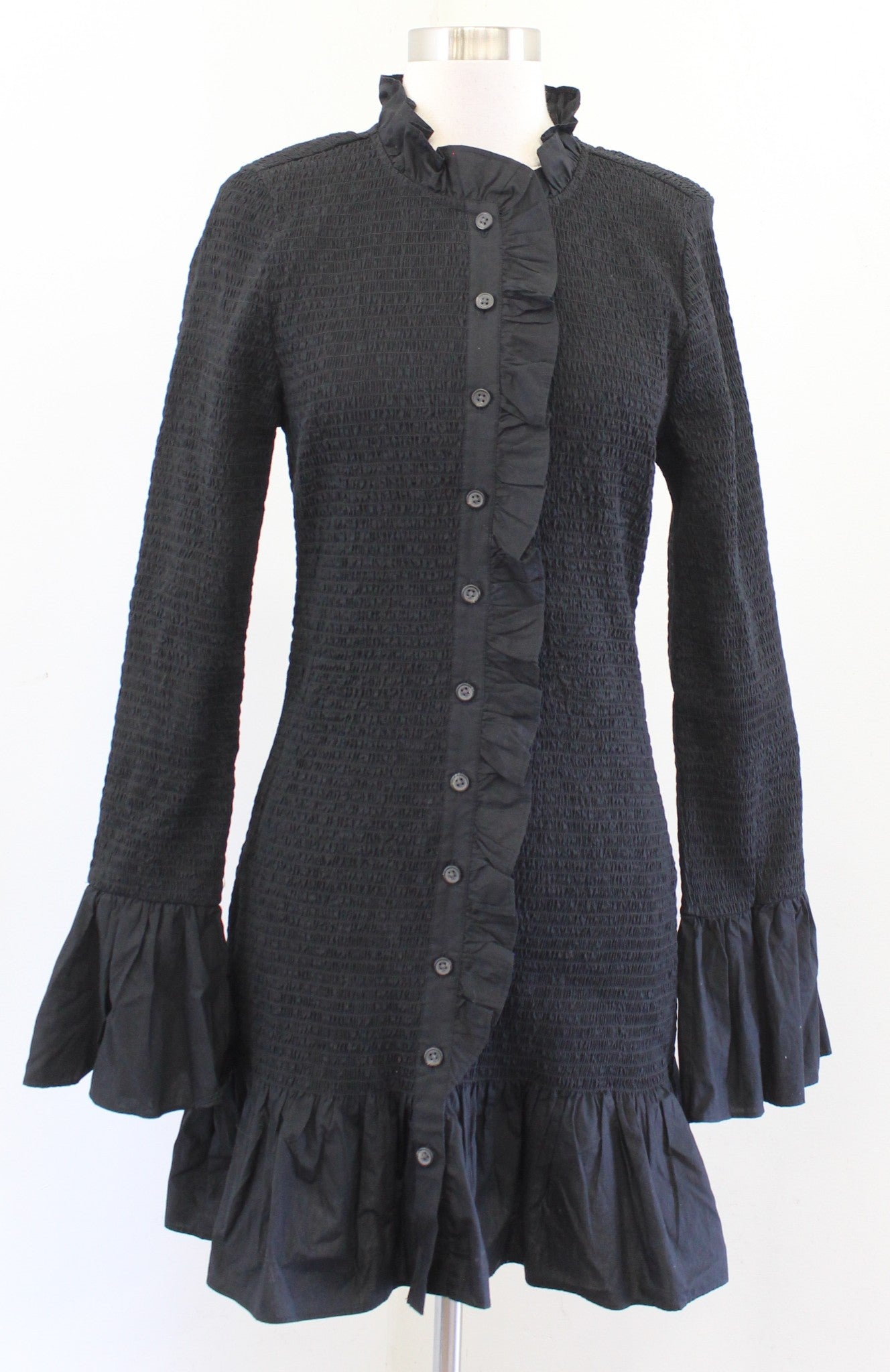 J Crew Black Smocked Button Up Front Ruffle Bell Sleeve Mini Dress Size S