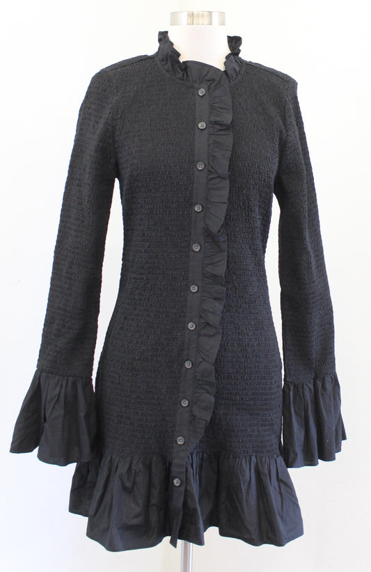 J Crew Black Smocked Button Up Front Ruffle Bell Sleeve Mini Dress Size S