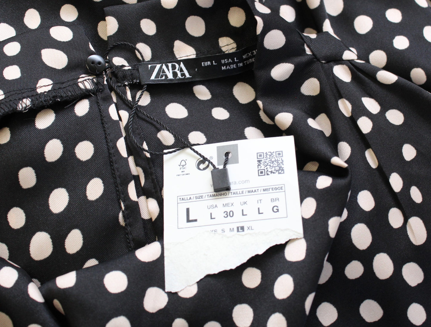 NWT Zara Black Beige Spotted Print Satin Cowl Neck Ruched Mini Dress Size L
