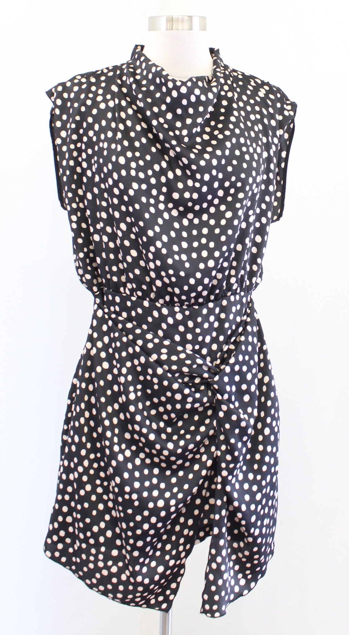NWT Zara Black Beige Spotted Print Satin Cowl Neck Ruched Mini Dress Size L