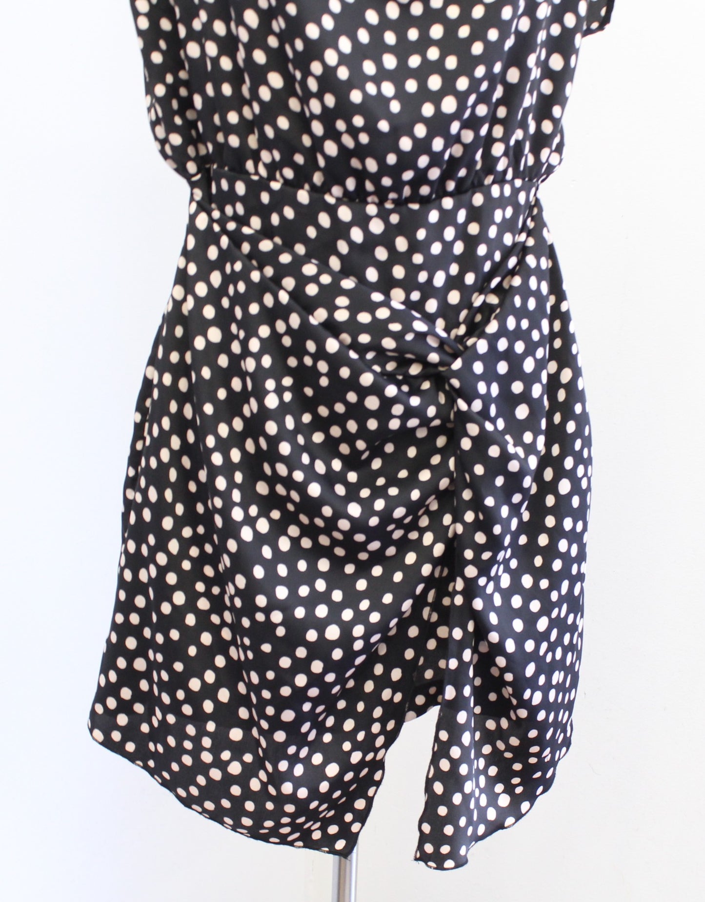 NWT Zara Black Beige Spotted Print Satin Cowl Neck Ruched Mini Dress Size L
