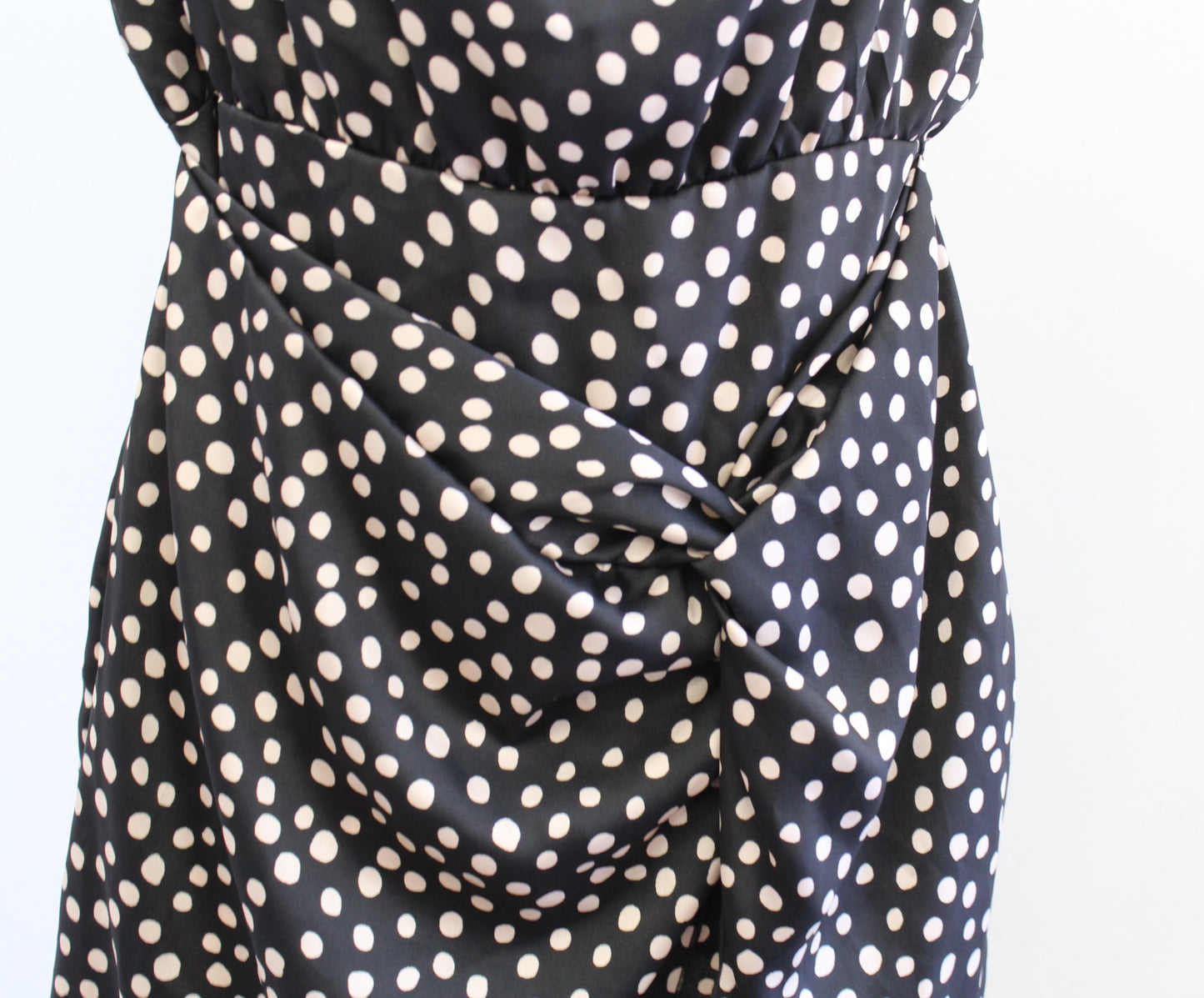 NWT Zara Black Beige Spotted Print Satin Cowl Neck Ruched Mini Dress Size L