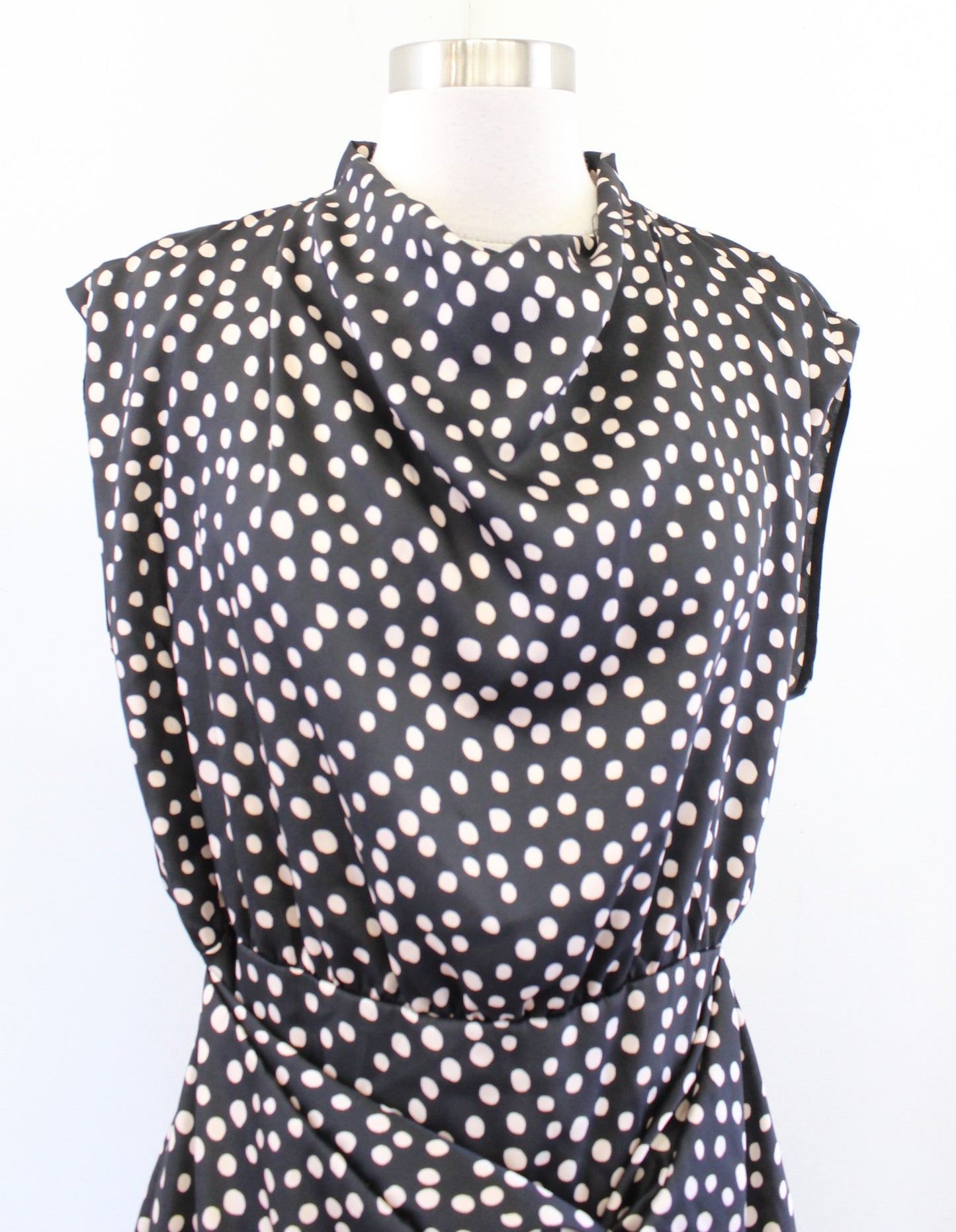 NWT Zara Black Beige Spotted Print Satin Cowl Neck Ruched Mini Dress Size L