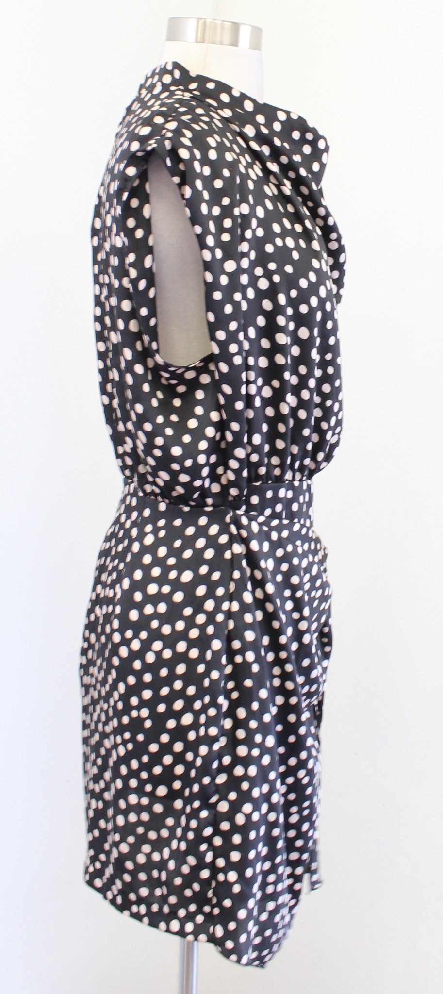 NWT Zara Black Beige Spotted Print Satin Cowl Neck Ruched Mini Dress Size L
