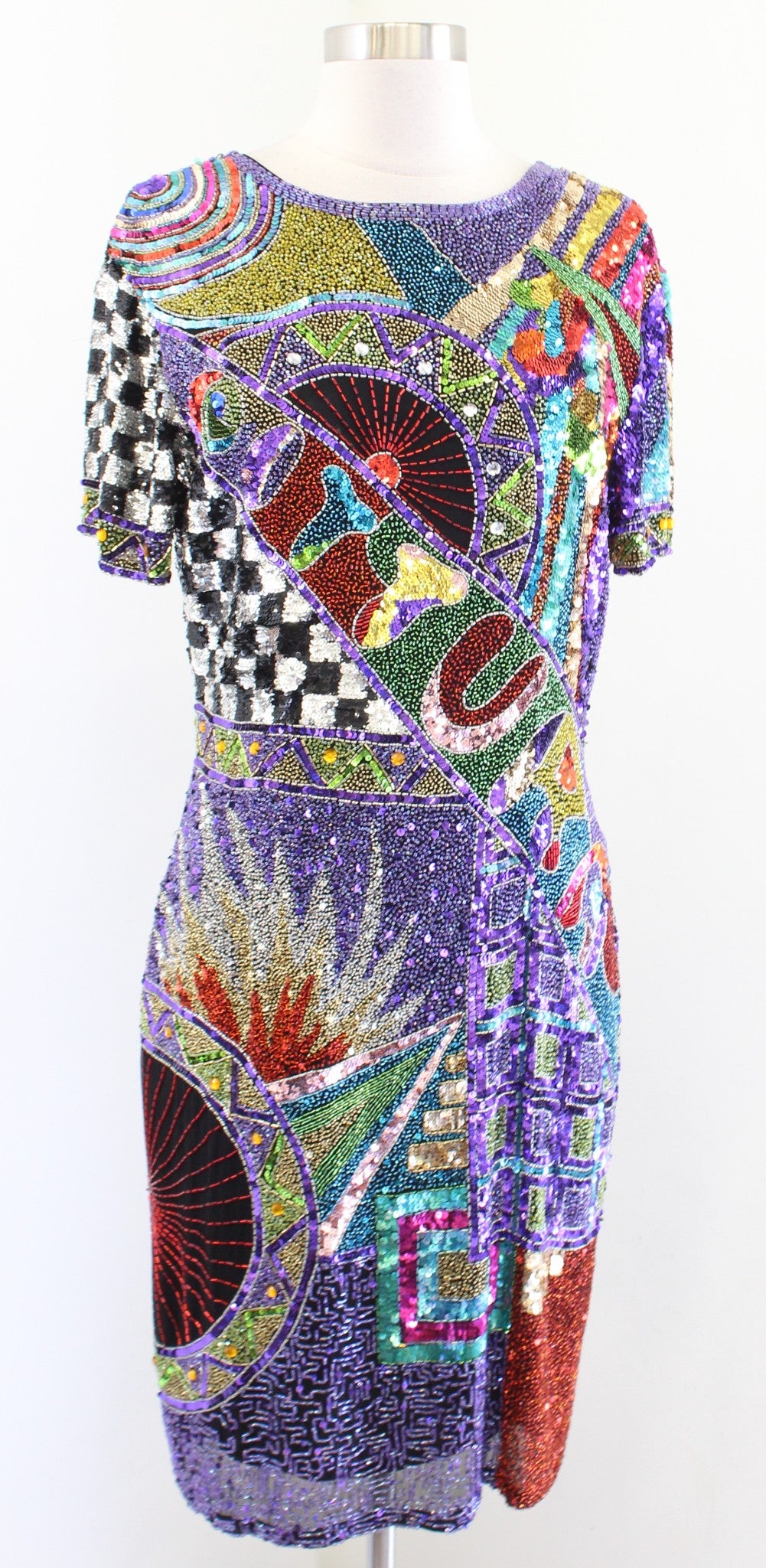 Vtg 80s 90s Abstract Colorful Silk Beaded Sequin Party Dress Art to Wear Sz S ?