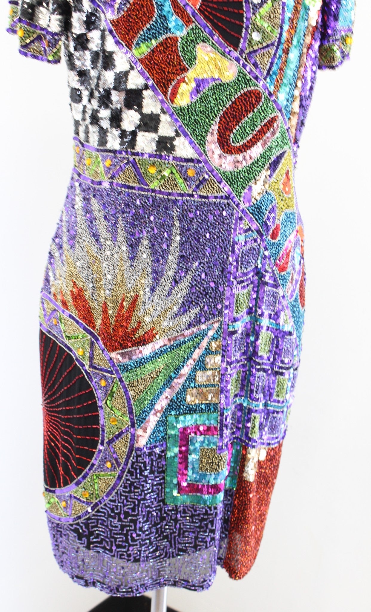 Vtg 80s 90s Abstract Colorful Silk Beaded Sequin Party Dress Art to Wear Sz S ?