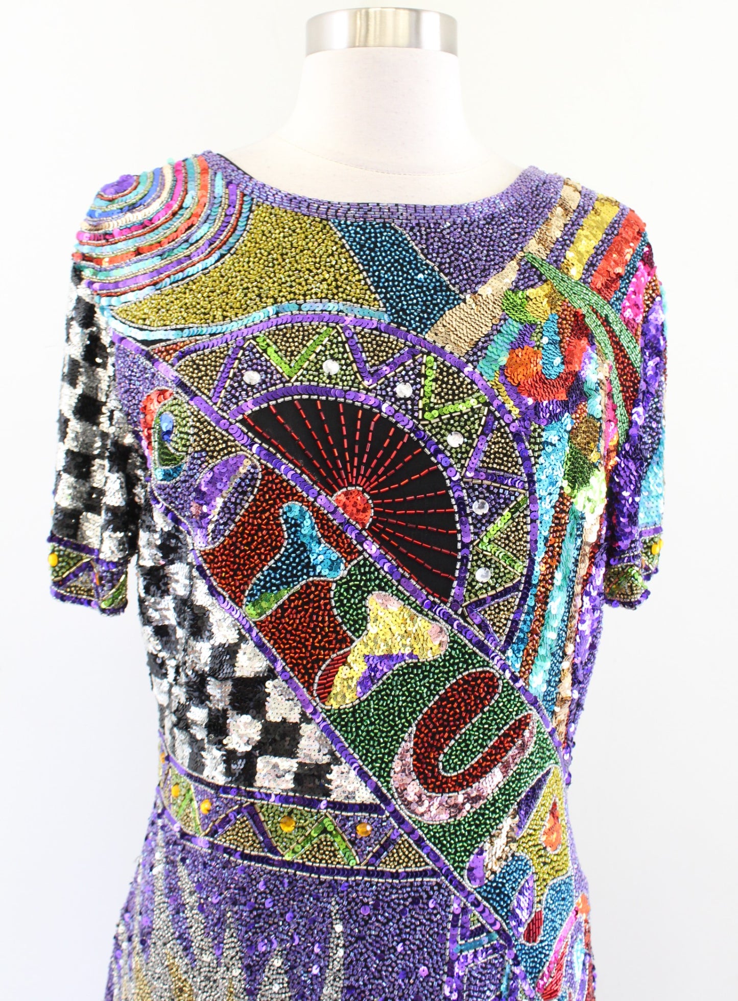 Vtg 80s 90s Abstract Colorful Silk Beaded Sequin Party Dress Art to Wear Sz S ?